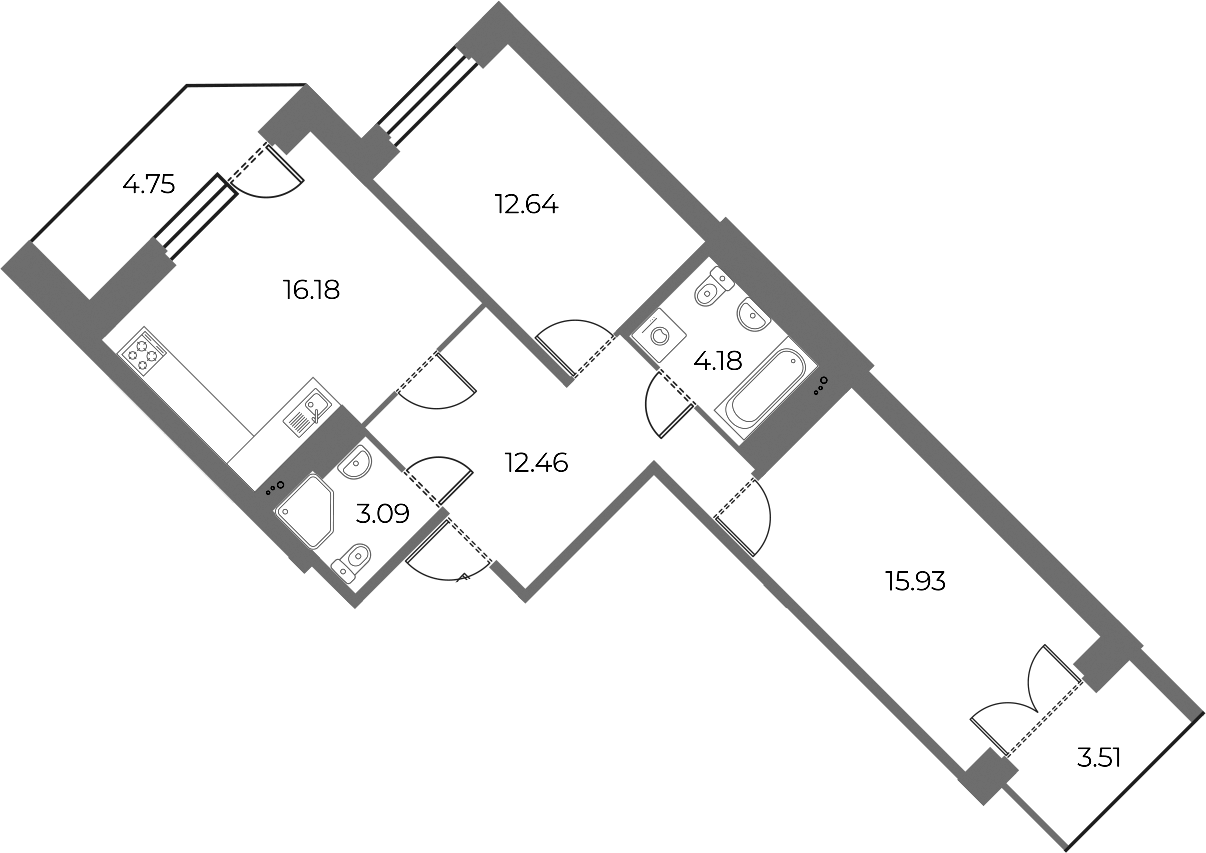 2-комнатная квартира 68.62 м², 3/20 эт., ЖК «Огни Залива»